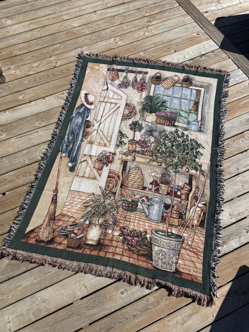 Garden Toolroom Tapestry Throw Rug - Green Trim